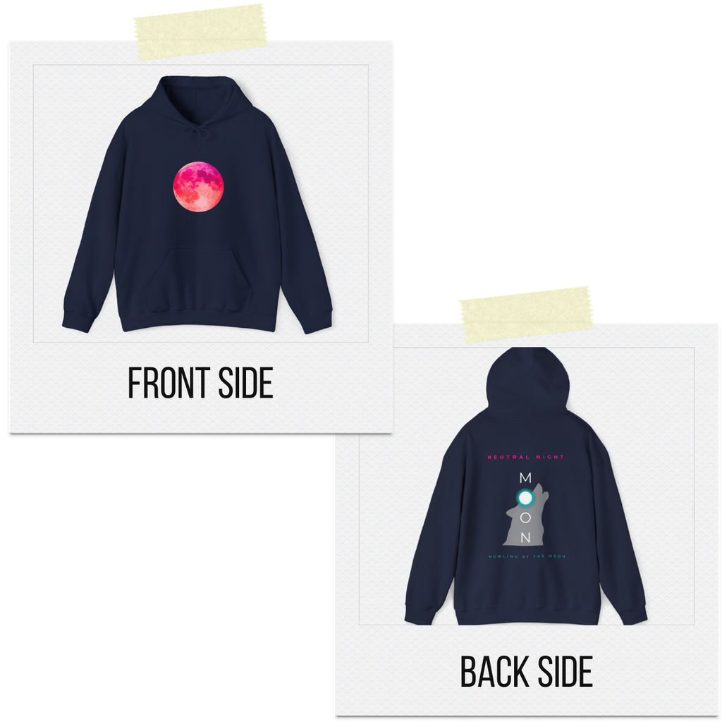 Navy blue hoodie with front and back designs displayed on a white background.
• 	“Where the moon whispers, the wolf answers.”
• 	“Neutral night, infinite vibes.”
• 	“Calm skies, wild hearts.”
• 	“Howl at the moon, own the night.”