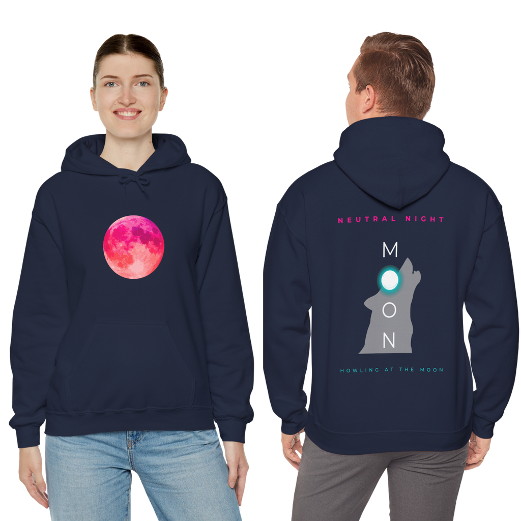 Navy blue hoodie with pink moon graphic on front and text on back, worn by a person.
• 	“Where the moon whispers, the wolf answers.”
• 	“Neutral night, infinite vibes.”
• 	“Calm skies, wild hearts.”
• 	“Howl at the moon, own the night.”