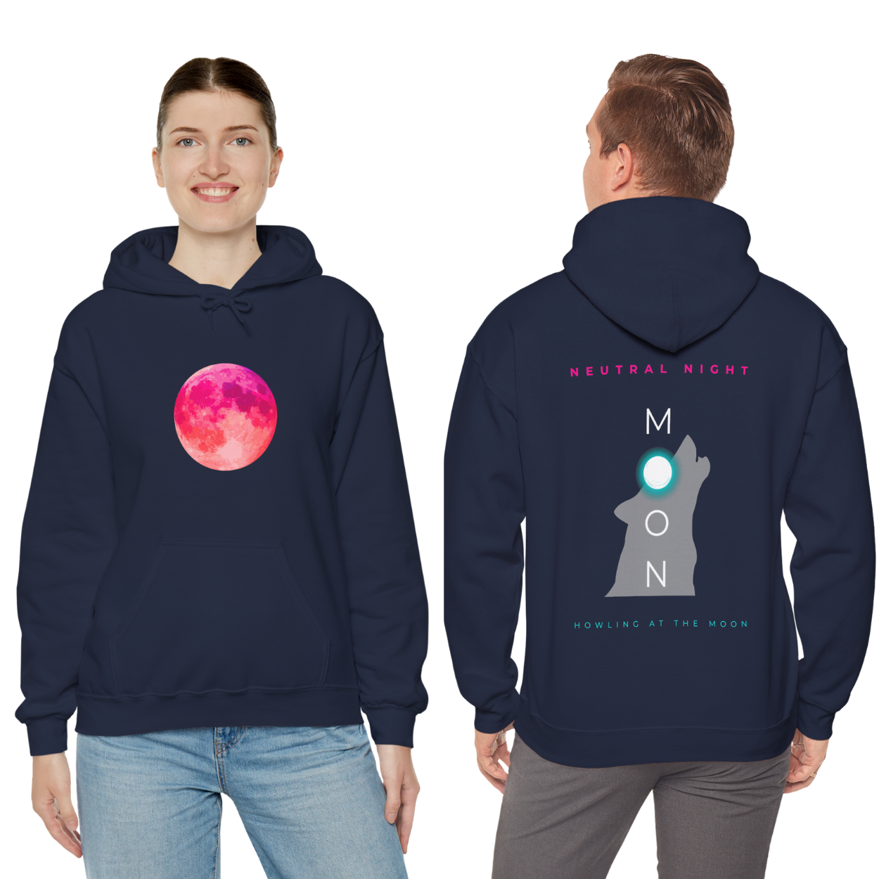 Navy blue hoodie with pink moon graphic on front and text on back, worn by a person.
• 	“Where the moon whispers, the wolf answers.”
• 	“Neutral night, infinite vibes.”
• 	“Calm skies, wild hearts.”
• 	“Howl at the moon, own the night.”