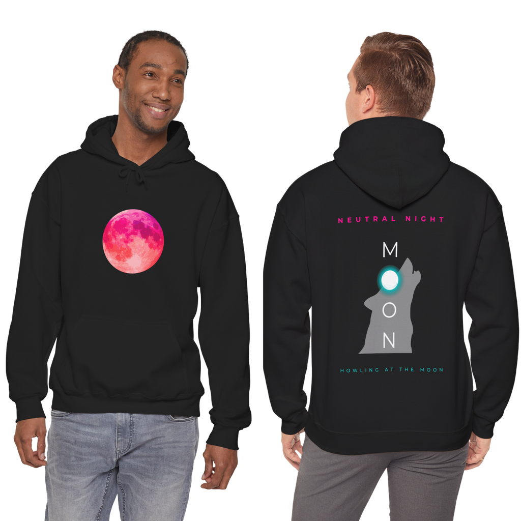 Black hoodie with a pink moon graphic on the front and text on the back, worn by two models.
• 	“Where the moon whispers, the wolf answers.”
• 	“Neutral night, infinite vibes.”
• 	“Calm skies, wild hearts.”
• 	“Howl at the moon, own the night.”