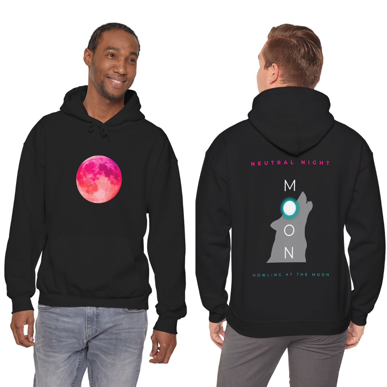 Black hoodie with a pink moon graphic on the front and text on the back, worn by two models.
• 	“Where the moon whispers, the wolf answers.”
• 	“Neutral night, infinite vibes.”
• 	“Calm skies, wild hearts.”
• 	“Howl at the moon, own the night.”