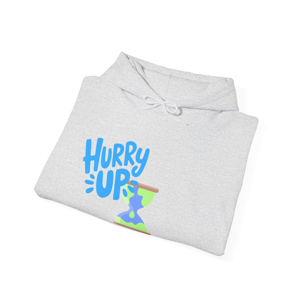 Folded gray hoodie with blue text 'Hurry Up' on a white background