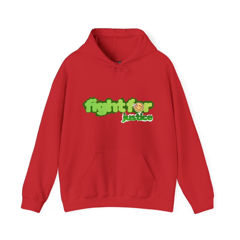 Red hoodie with 'fight for justice' text on a white background