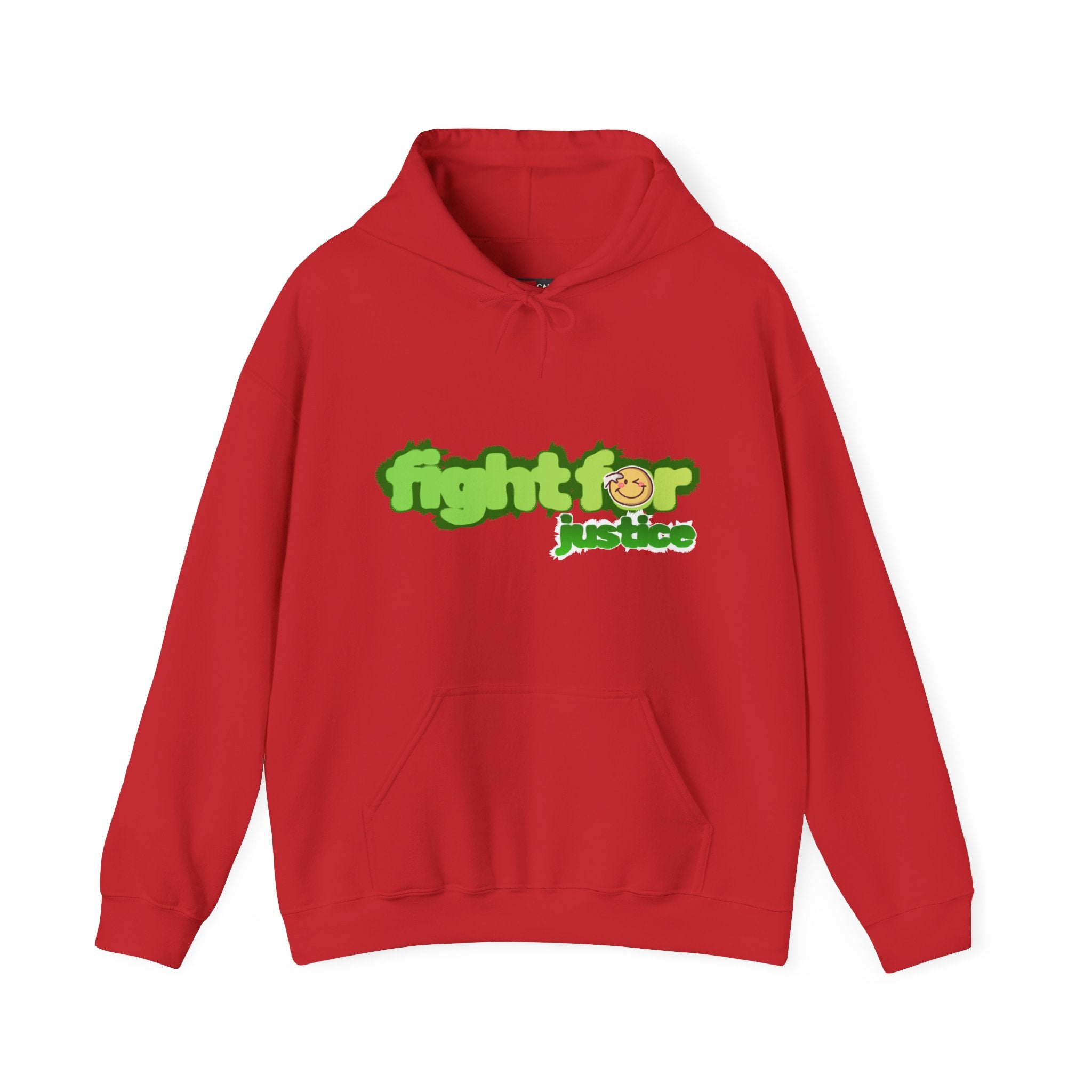 Red hoodie with 'fight for justice' text on a white background