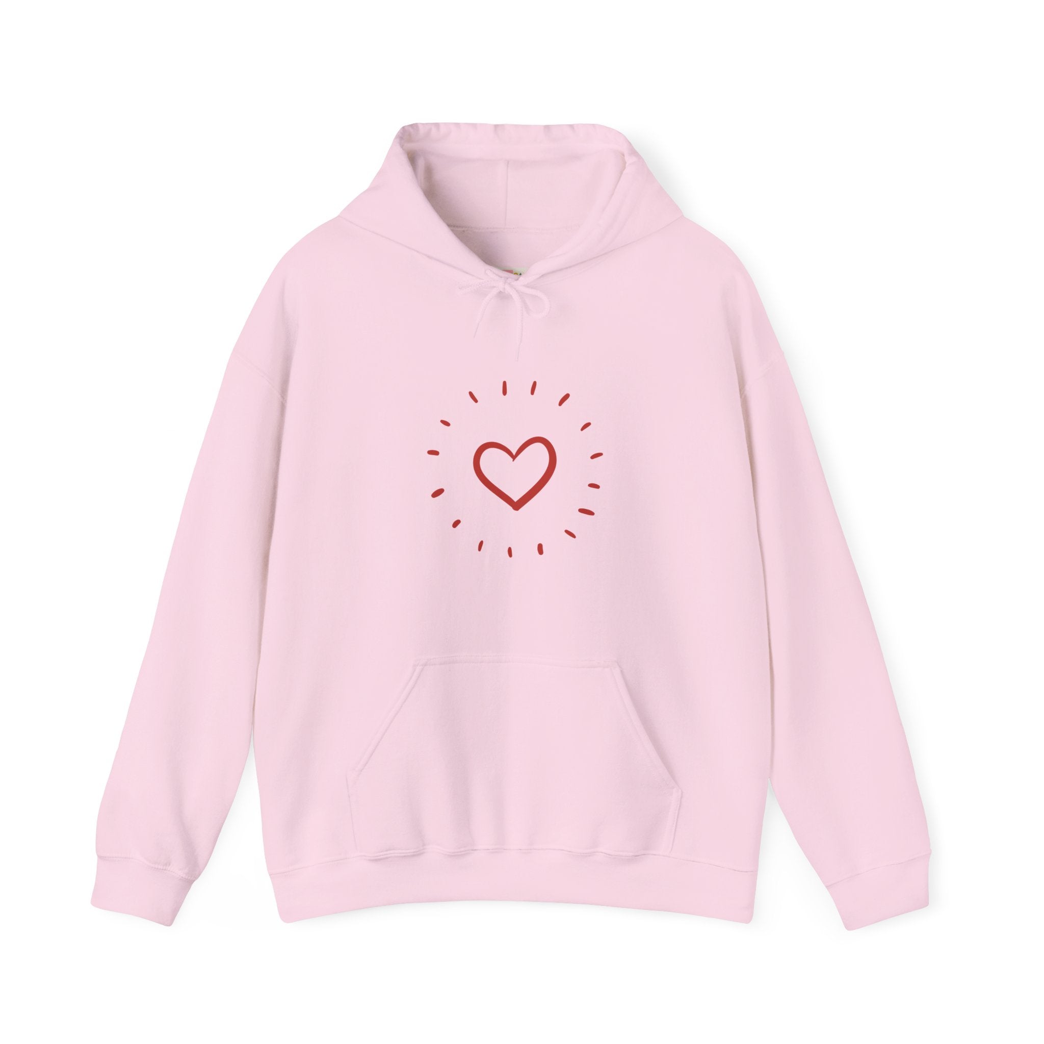 Pink hoodie with a red heart design on a white background