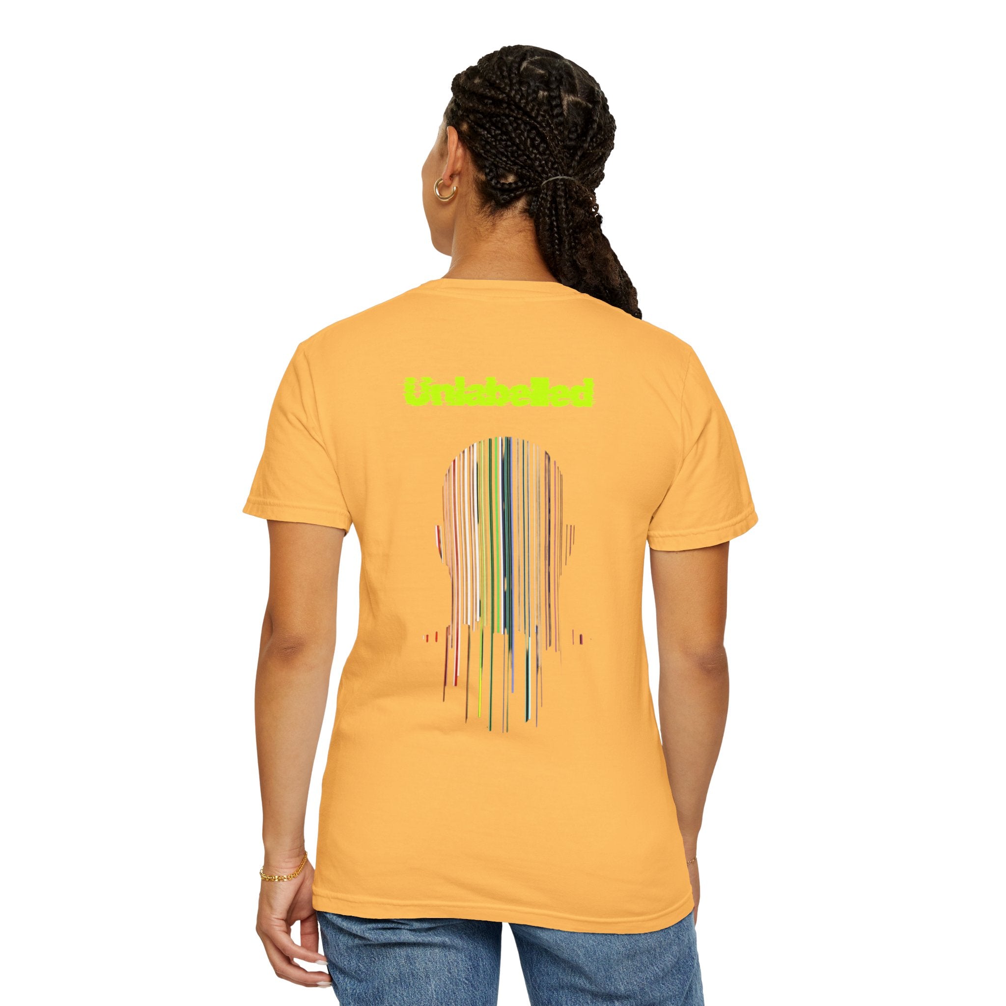 Person wearing a Citrus yellow t-shirt with a colorful design on the back, on a white background