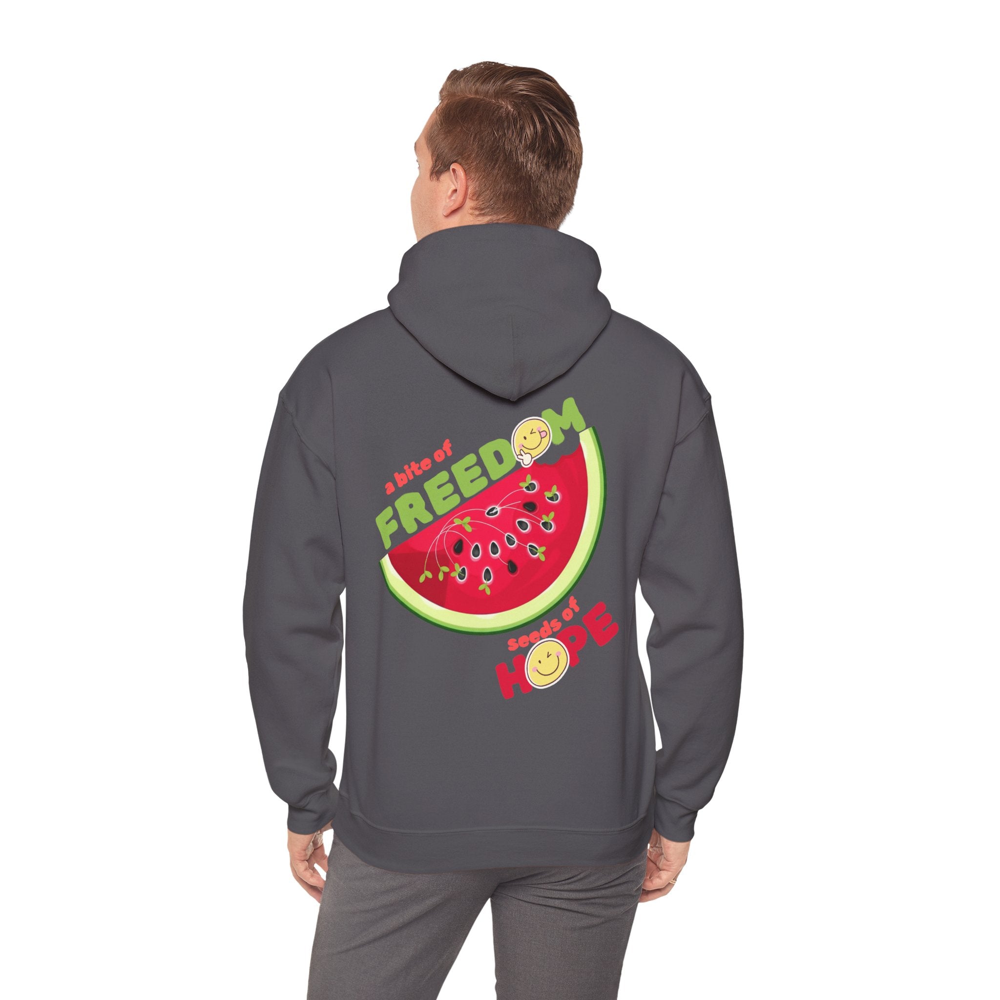 Person wearing a gray hoodie with a watermelon design and text on the back