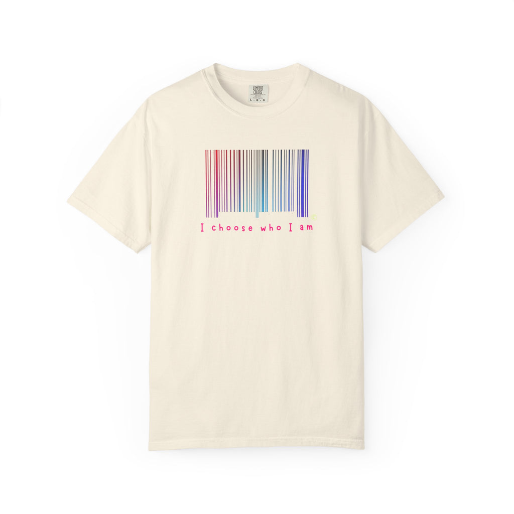 Beige t-shirt with a barcode design and text on a white background