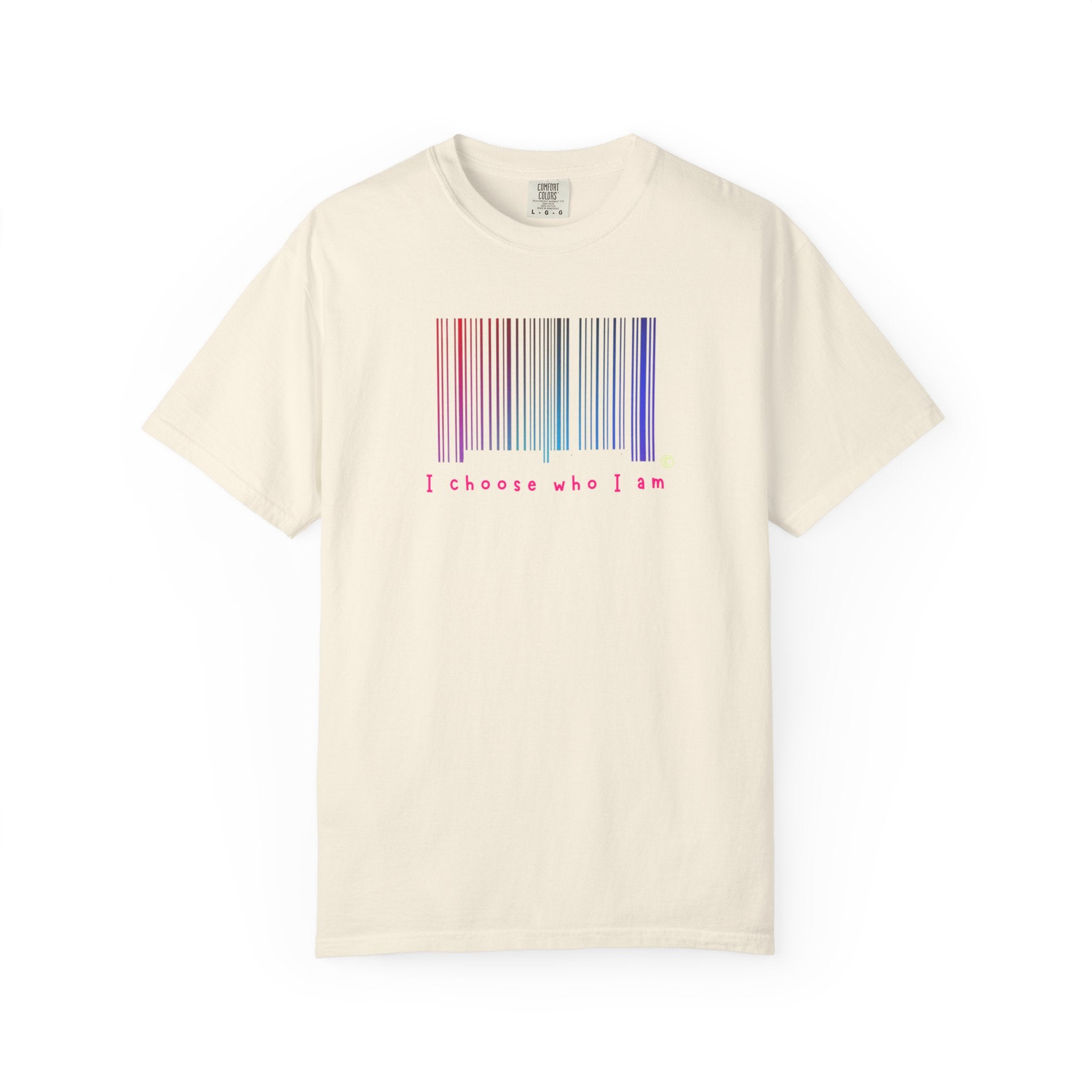 Beige t-shirt with a barcode design and text on a white background