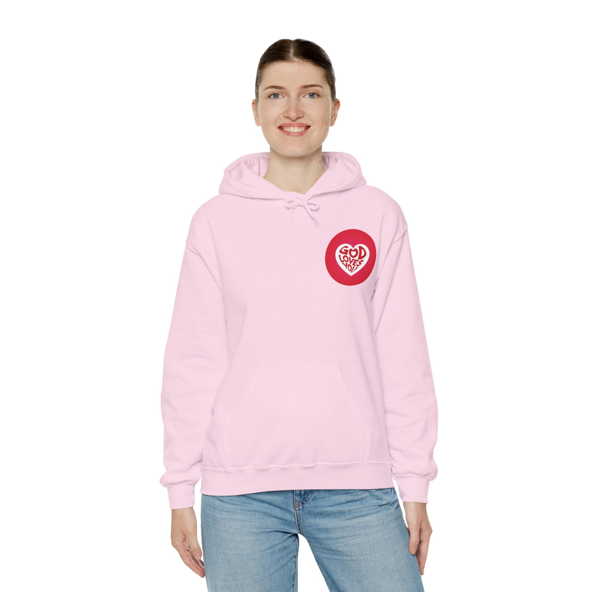 Person wearing a pink hoodie with a red logo on a white background