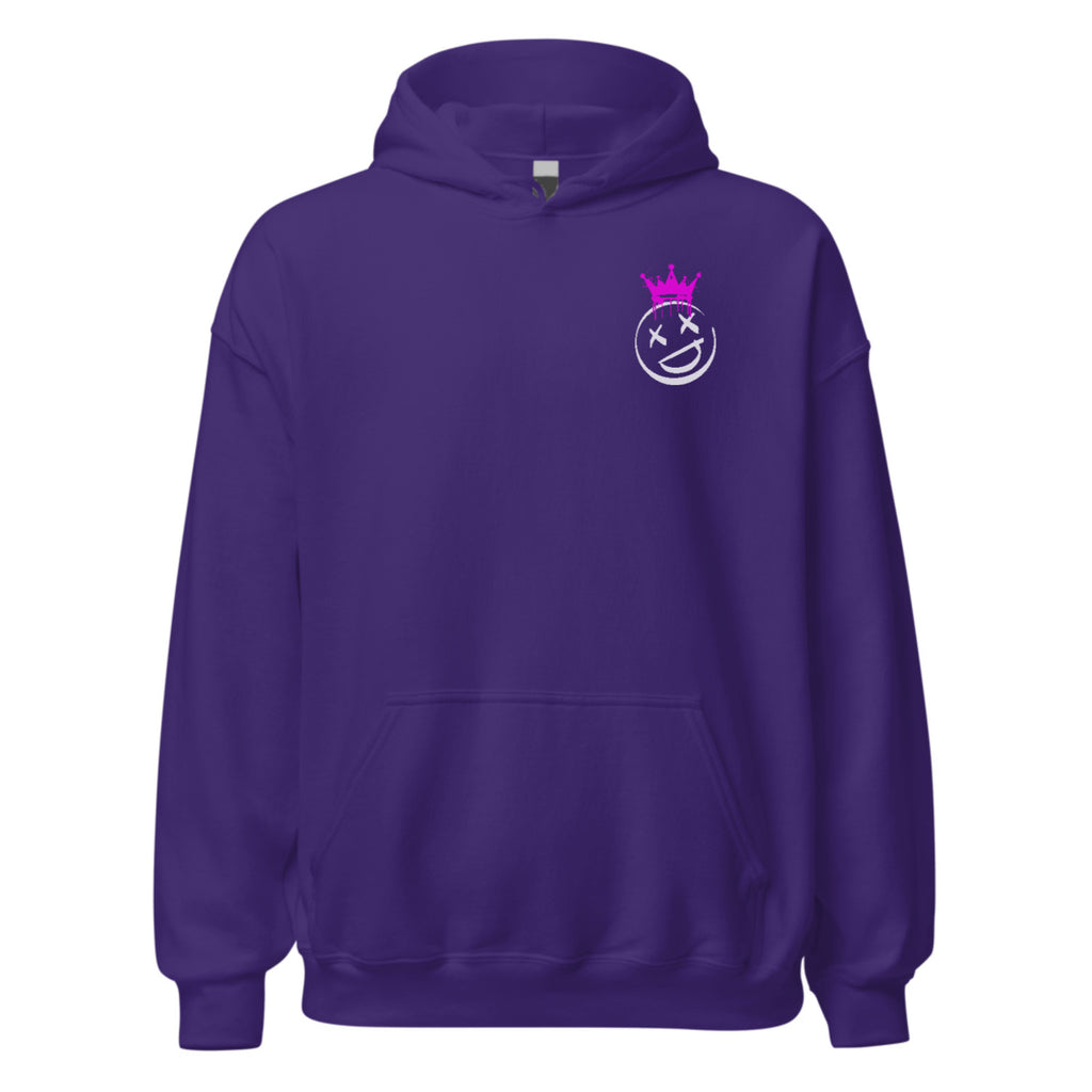 Purple hoodie with a smiley face logo on a white background