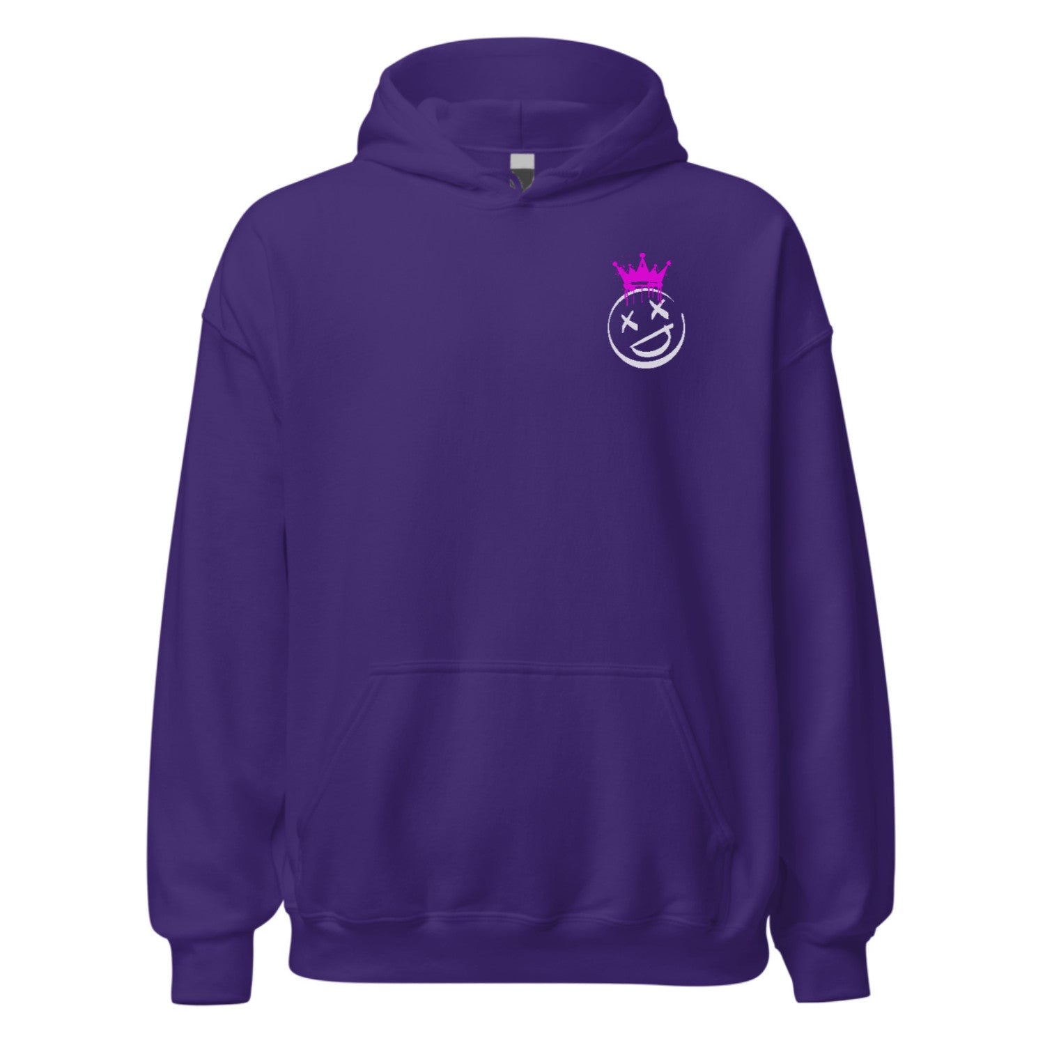 Purple hoodie with a smiley face logo on a white background