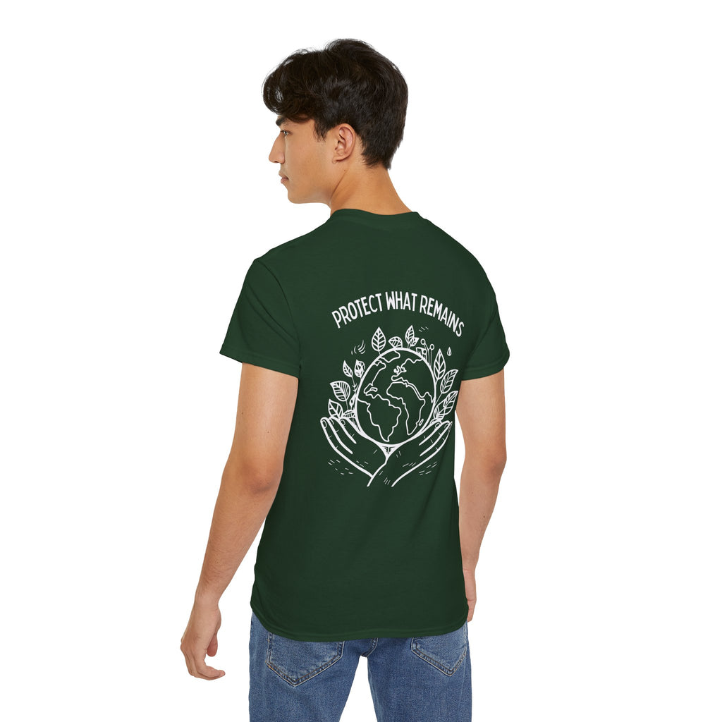 Person wearing a green t-shirt with a graphic design and text on the back