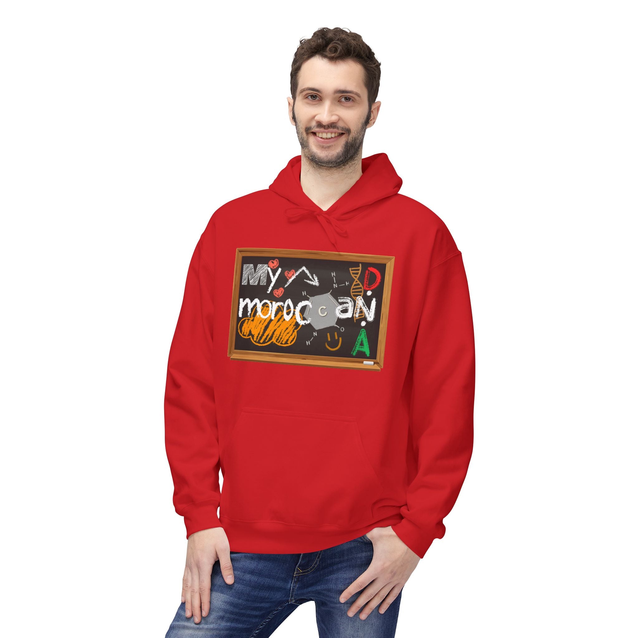 Person wearing a red hoodie with a graphic design on a white background