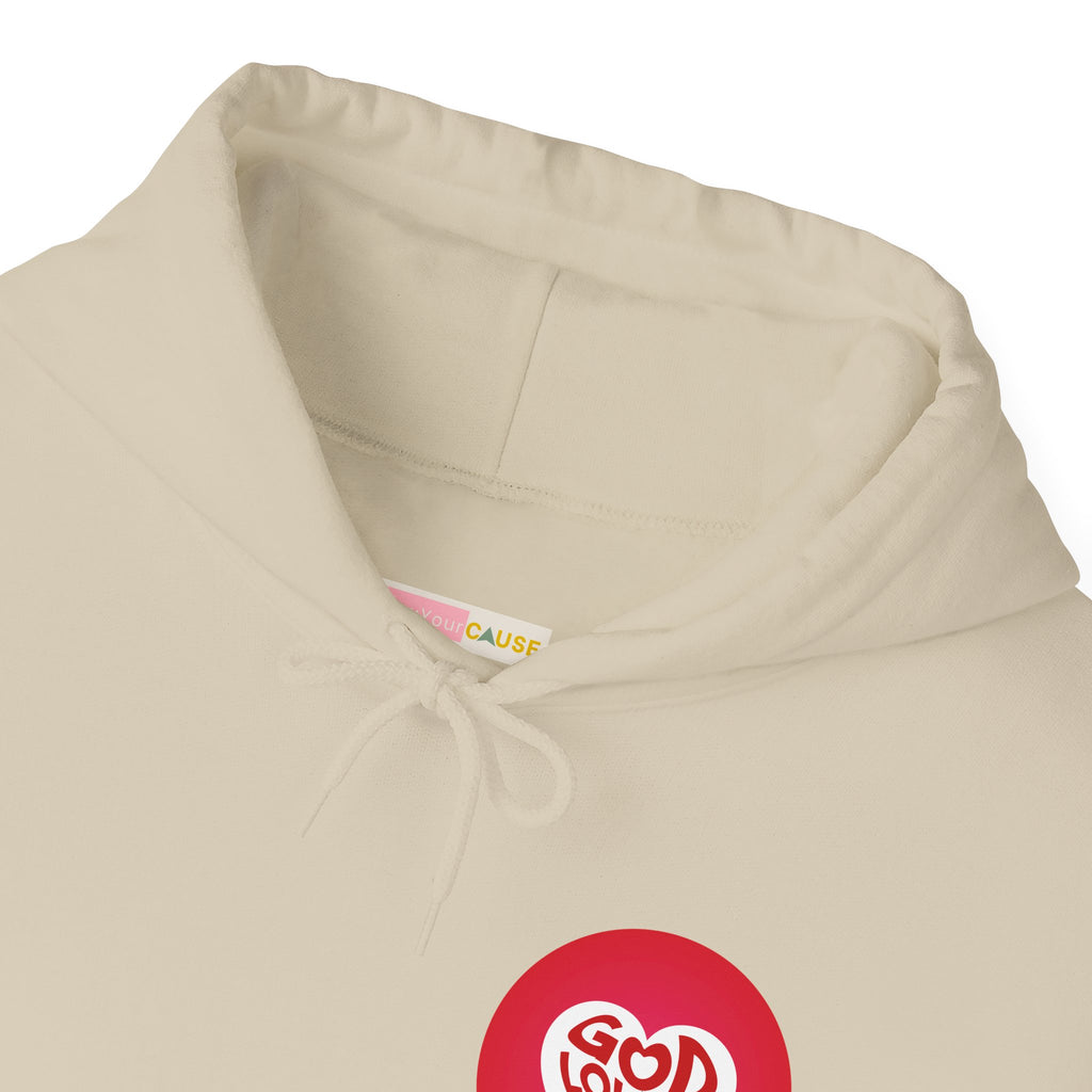 Beige hoodie with a red logo and 'The Cause' tag on a white background
