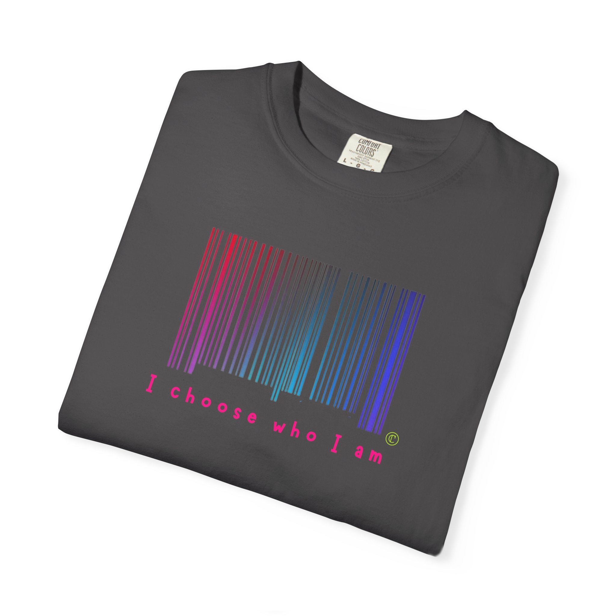 Folded dark gray t-shirt with colorful barcode design and text on a white background