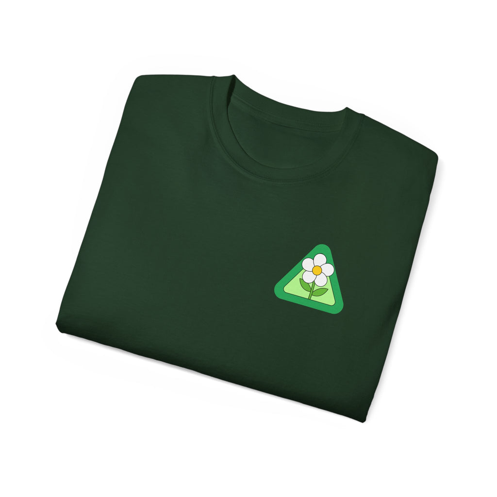 Folded green t-shirt with a triangle logo featuring a flower on a white background