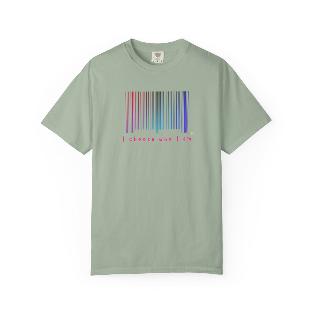 Light green t-shirt with a barcode design and text on a white background