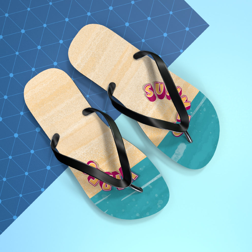 Beige flip-flops with black straps on a blue and green geometric patterned background