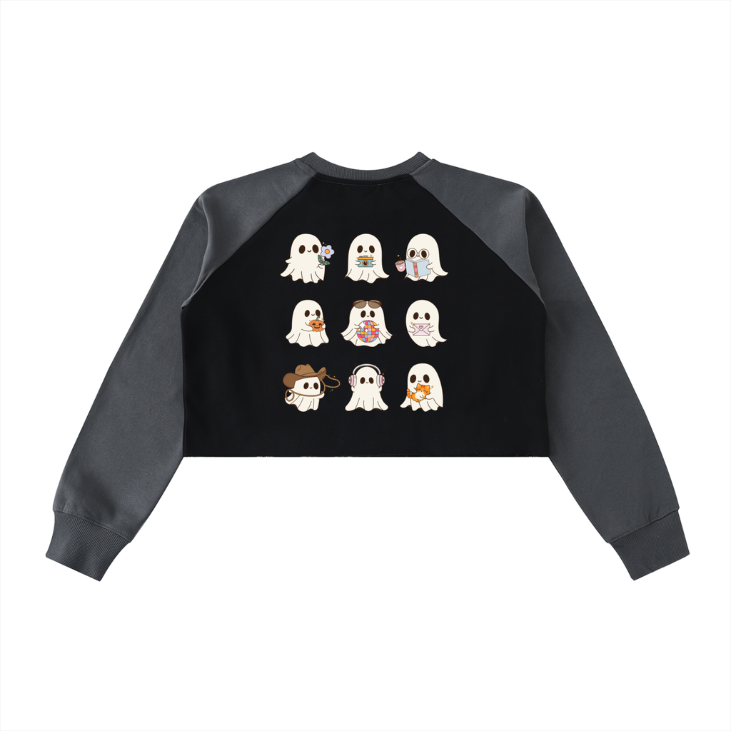 A black and dark gray raglan sweatshirt featuring a graphic of nine cute cartoon ghosts in various outfits arranged in a 3x3 grid on the front, displayed against a solid white background.