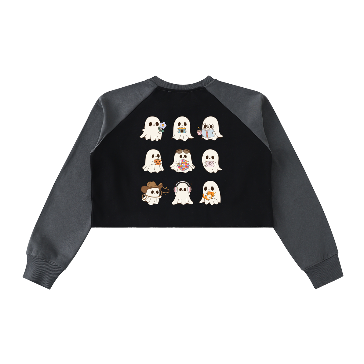 A black and dark gray raglan sweatshirt featuring a graphic of nine cute cartoon ghosts in various outfits arranged in a 3x3 grid on the front, displayed against a solid white background.