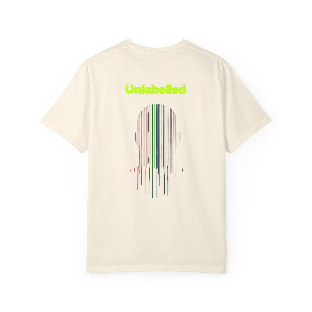 Beige t-shirt with colorful barcode design and 'Unlabelled' text on a white background