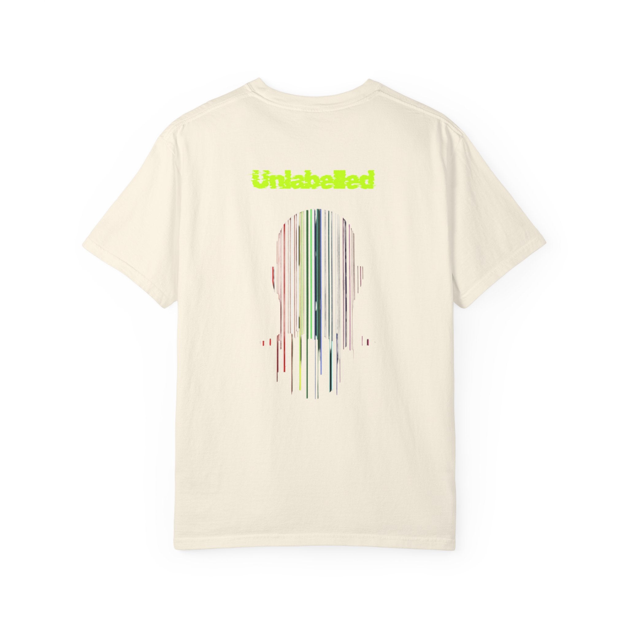 Beige t-shirt with colorful barcode design and 'Unlabelled' text on a white background