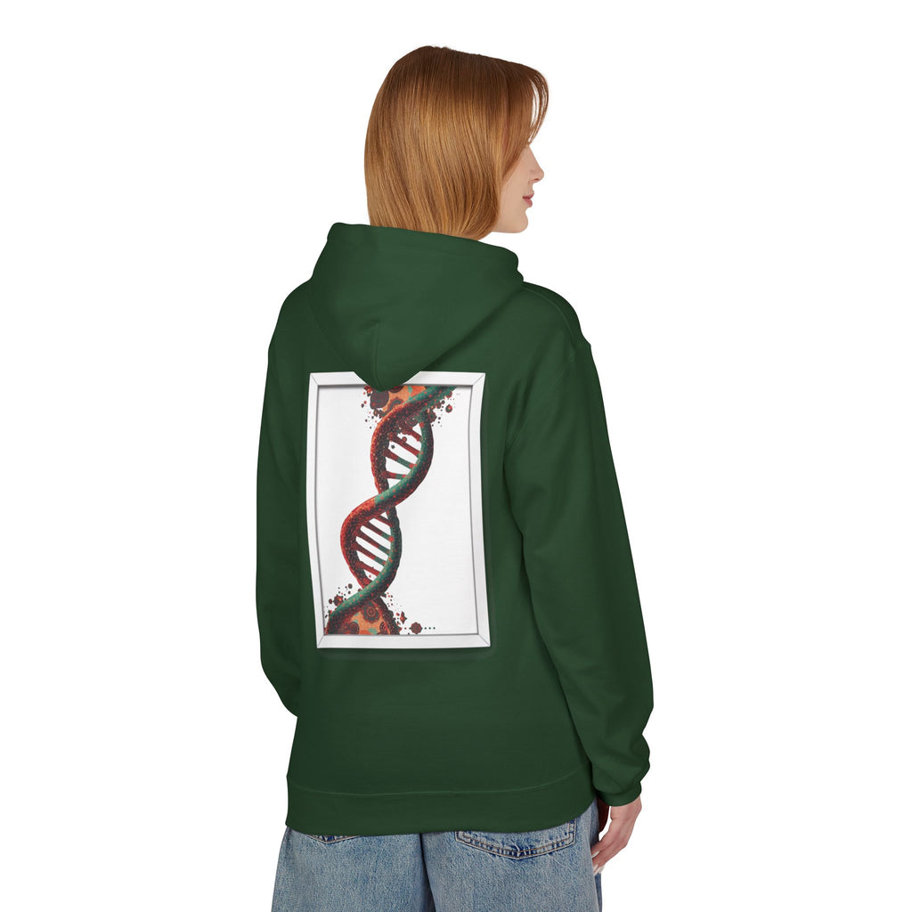 Person wearing a green hoodie with a DNA double helix design on the back, on a white background