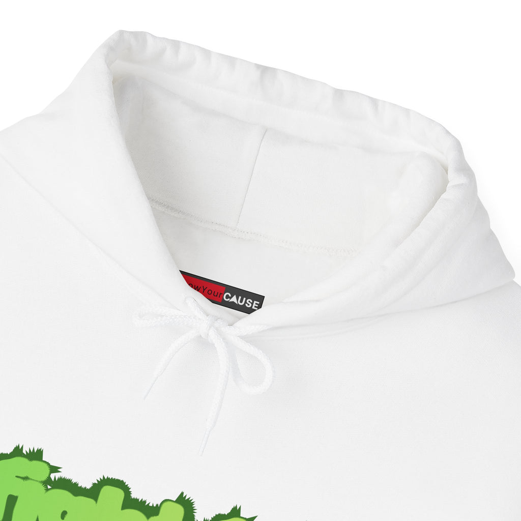White hoodie with a green graphic and red and black label on a white background