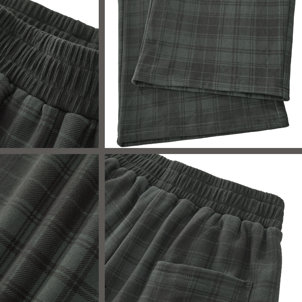 A four-panel close-up collage showing dark gray and black plaid fabric details, including an elastic waistband and a pocket, likely from pajama pants or lounge bottoms.