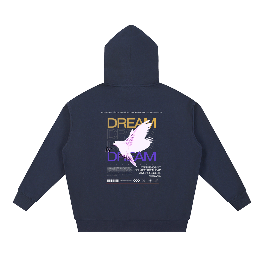 A navy blue hoodie shown from the back, featuring a graphic print with a white dove, the word 'DREAM' in gold and purple, and various text elements.