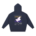 A navy blue hoodie shown from the back, featuring a graphic print with a white dove, the word 'DREAM' in gold and purple, and various text elements.