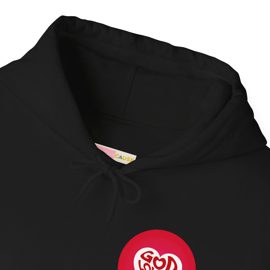 Black hoodie with a red logo on the chest against a white background
