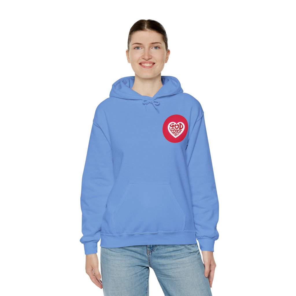 Person wearing a blue hoodie with a red logo on a white background