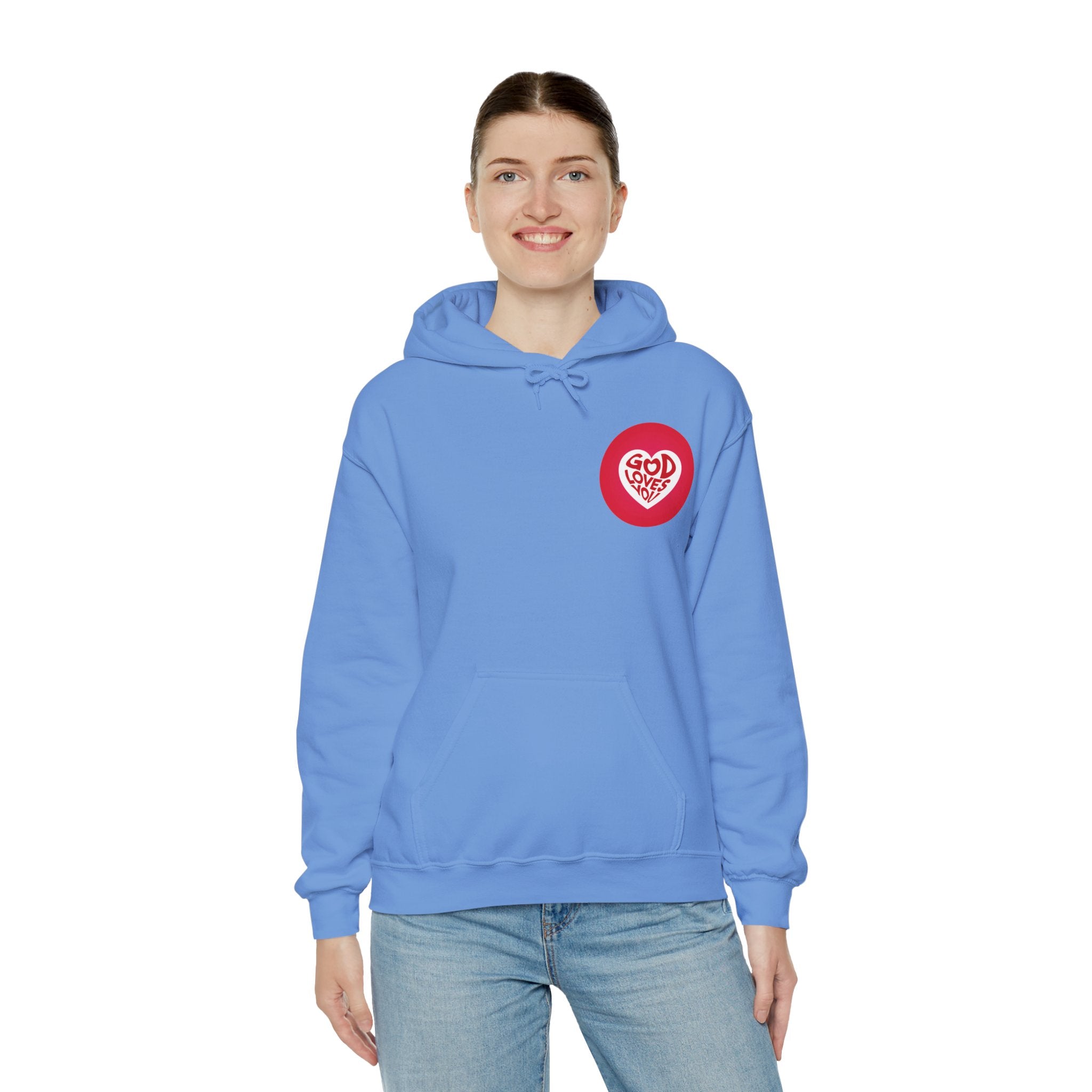 Person wearing a blue hoodie with a red logo on a white background
