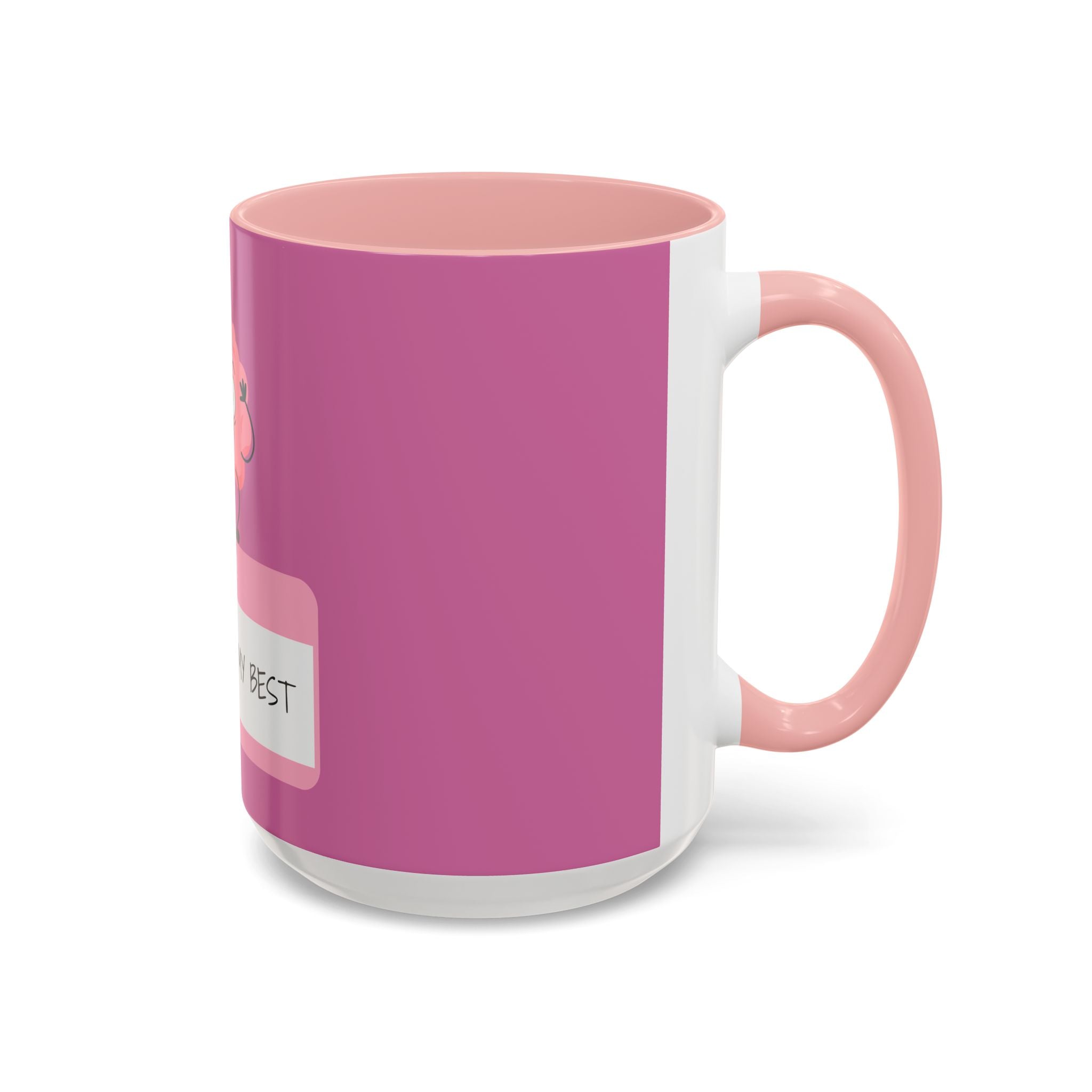 Pink and white mug with a small rectangular label on a white background