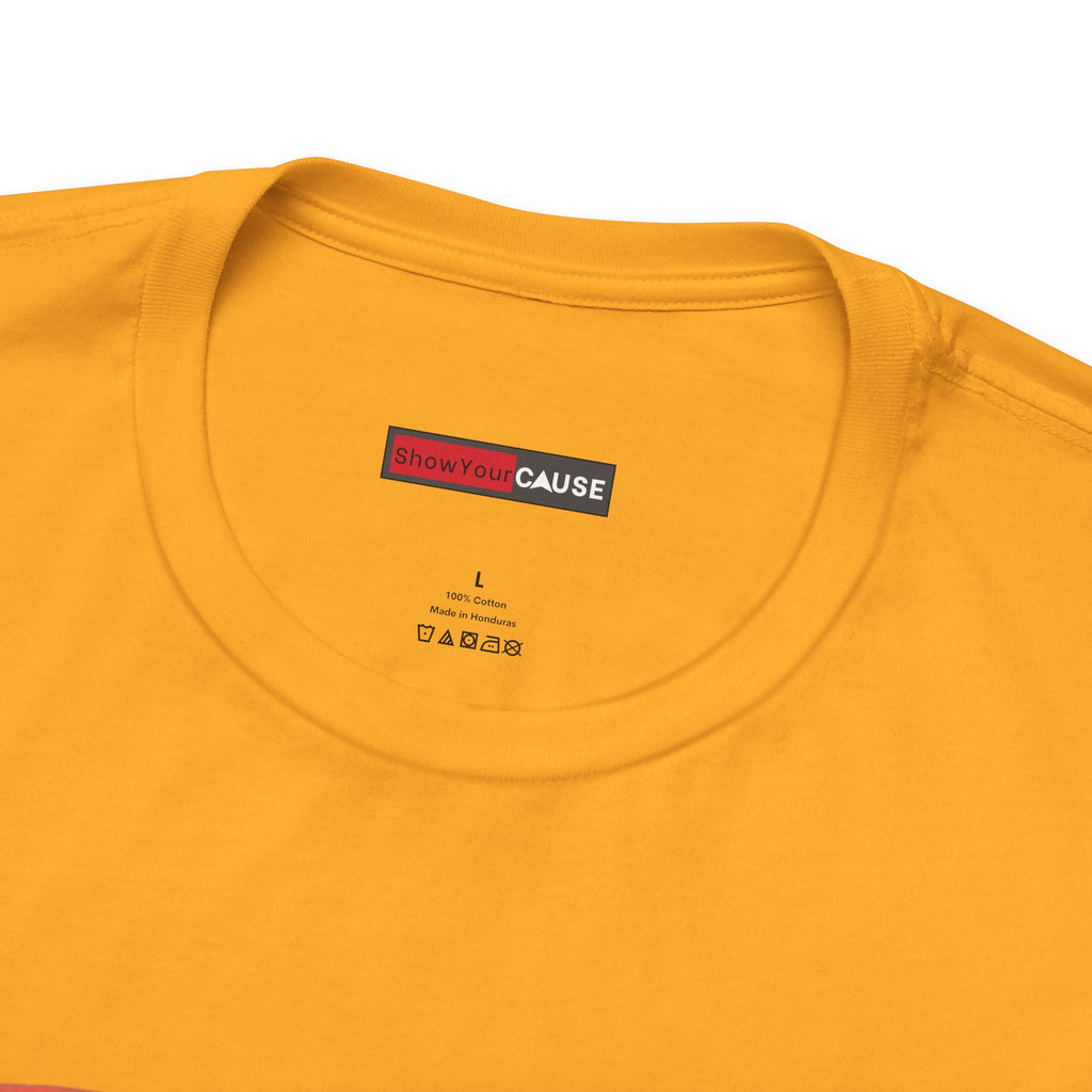 gold t-shirt with a 'Show Your Cause' label on a white background