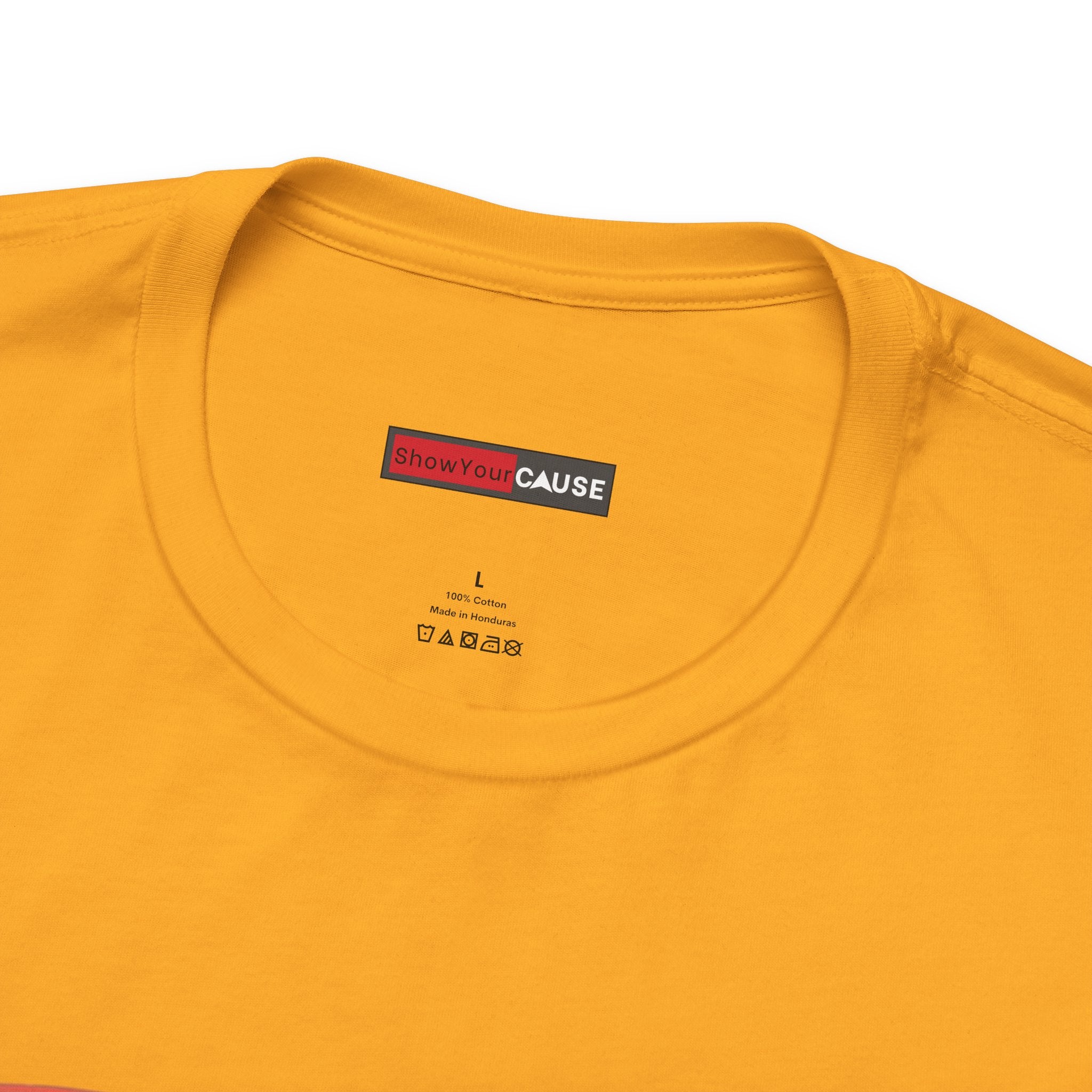 gold t-shirt with a 'Show Your Cause' label on a white background
