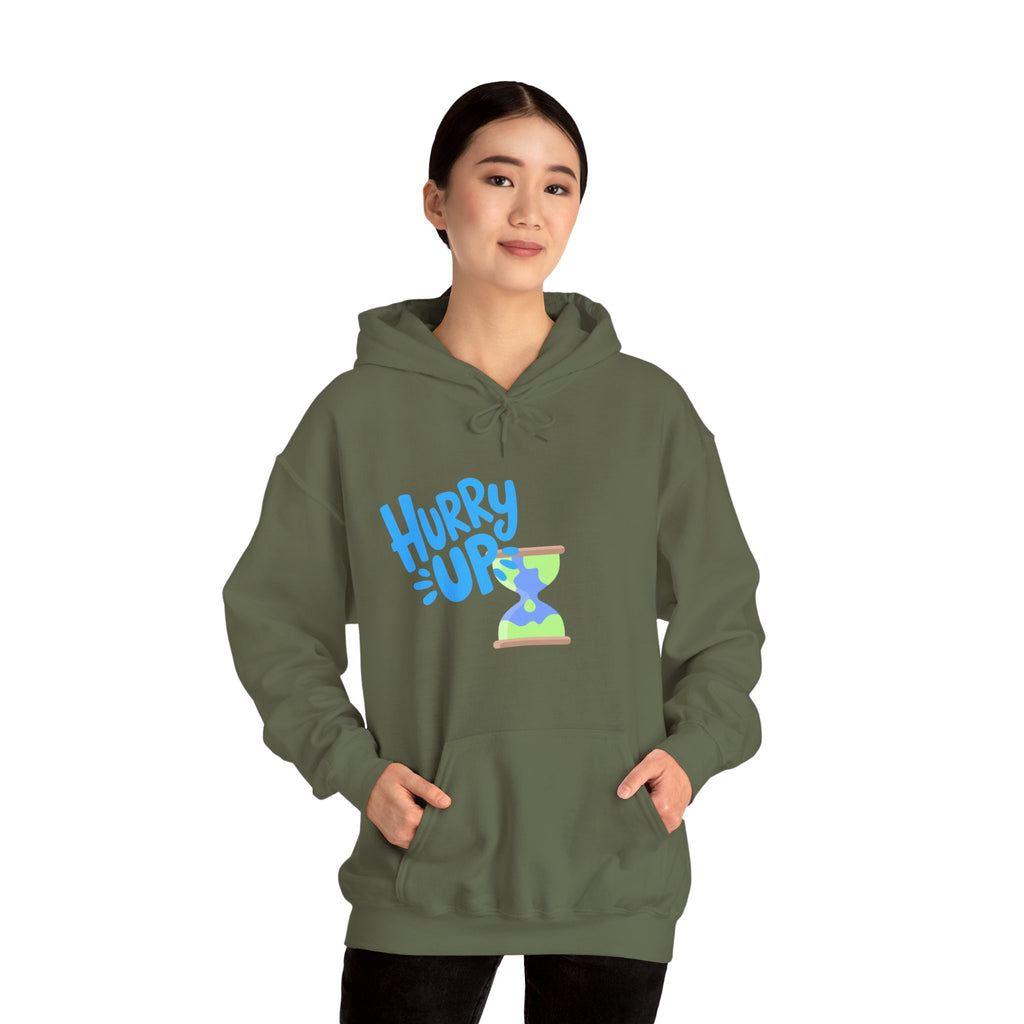 Person wearing a green hoodie with 'Hurry Up' text and hourglass graphic on a white background