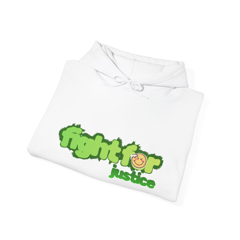 White hoodie with 'fight for justice' text and smiley face on a white background