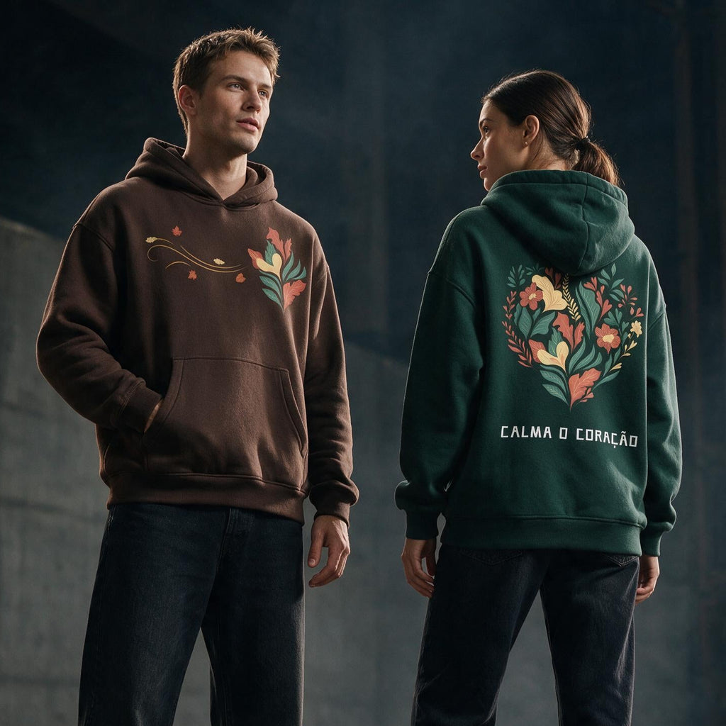 Two models standing in a dark, industrial loft setting wearing hoodies. The model on the left wears a brown hoodie with a colorful graphic on the chest, and the model on the right wears a dark green hoodie with a large floral heart graphic and the text 'CALMA O CORAÇÃO' on the back.