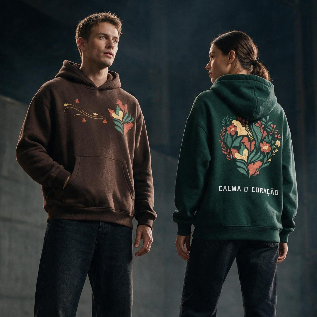 Two models standing in a dark, industrial loft setting wearing hoodies. The model on the left wears a brown hoodie with a colorful graphic on the chest, and the model on the right wears a dark green hoodie with a large floral heart graphic and the text 'CALMA O CORAÇÃO' on the back.