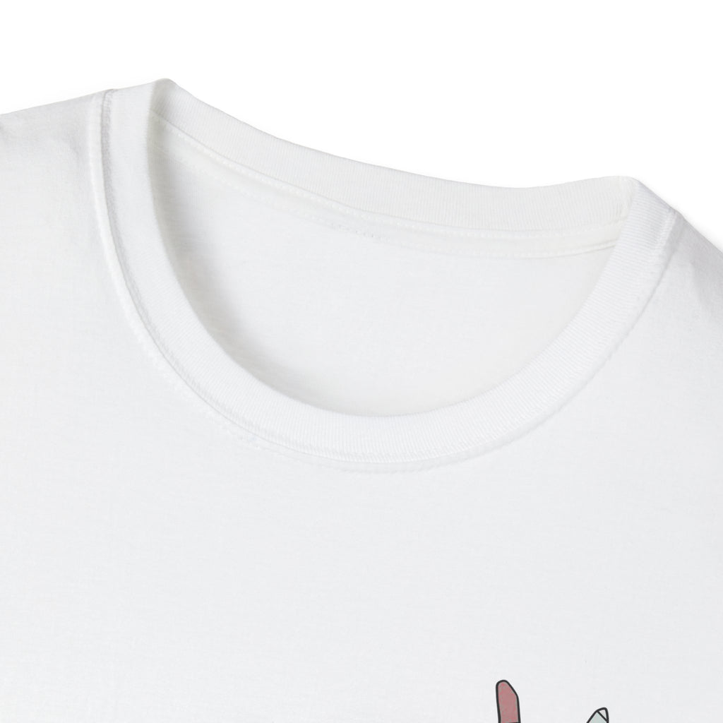 Close-up of a white t-shirt with a small graphic on the collar area.