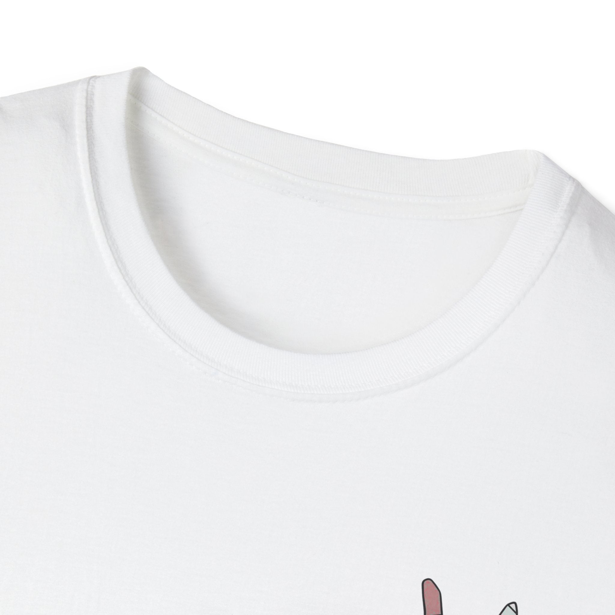 Close-up of a white t-shirt with a small graphic on the collar area.