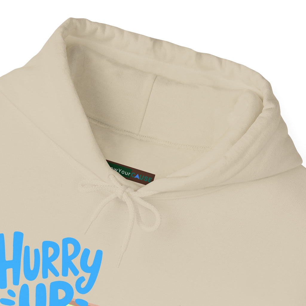 Beige hoodie with blue text and a brand label on a white background