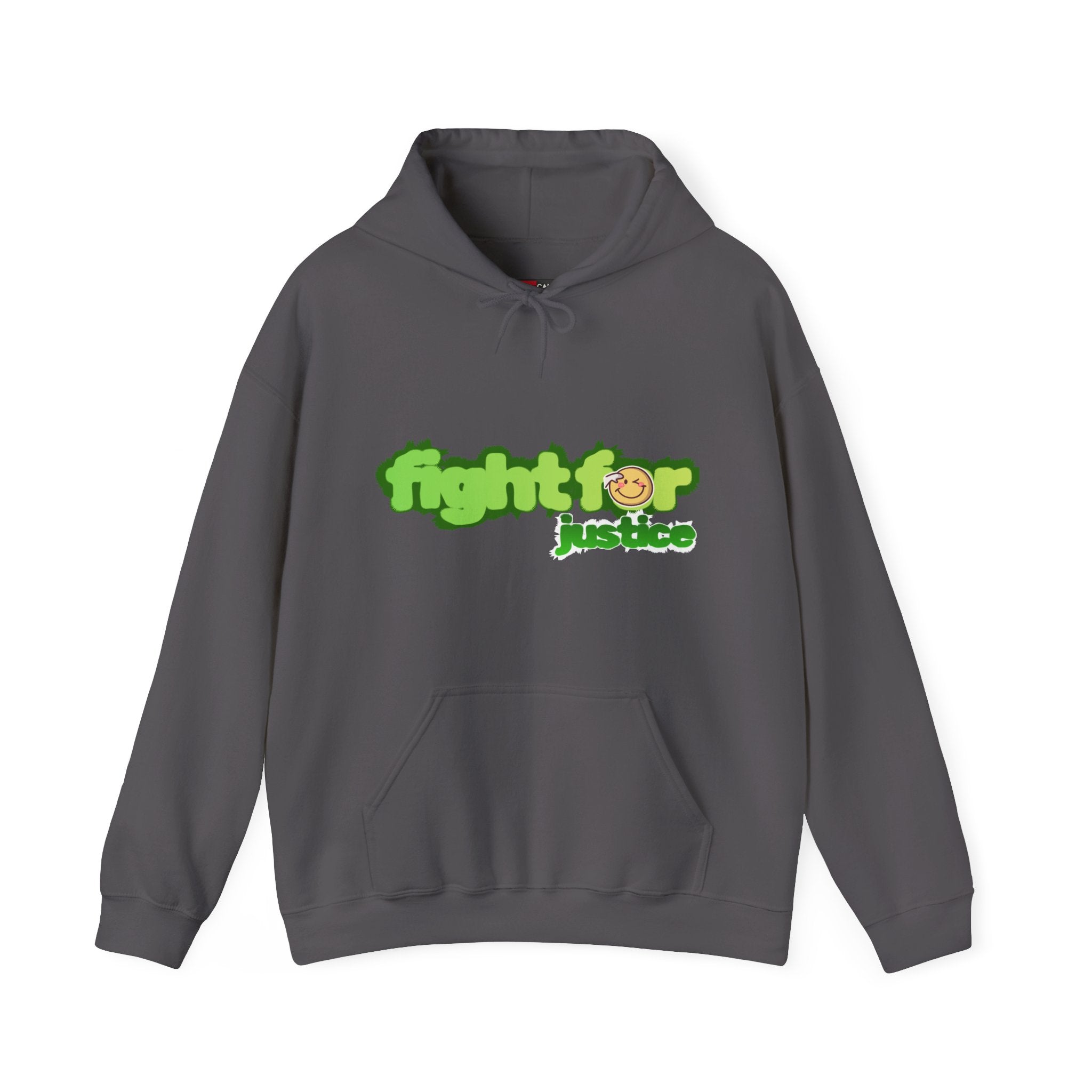 Gray hoodie with 'fight for justice' text on a white background