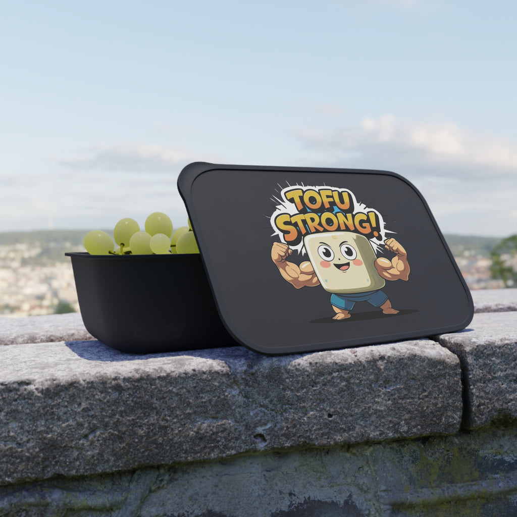 Black lunch box with 'Tofu Strong!' design on a stone ledge with grapes inside, against a cityscape background.