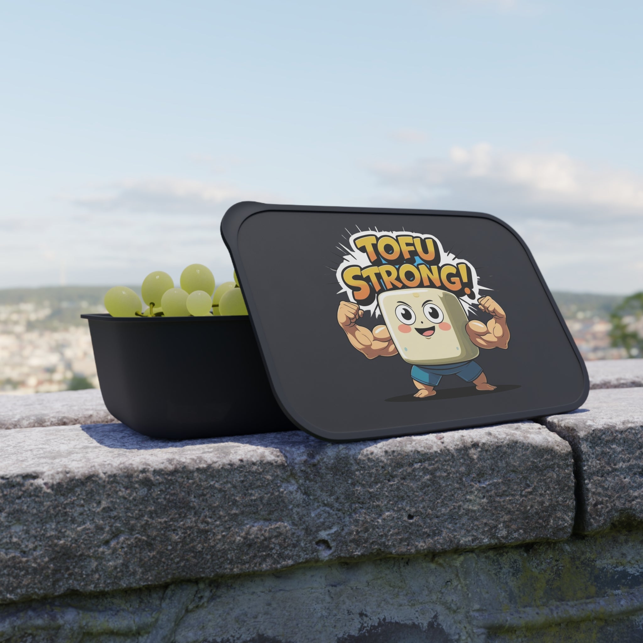 Black lunch box with 'Tofu Strong!' design on a stone ledge with grapes inside, against a cityscape background.
