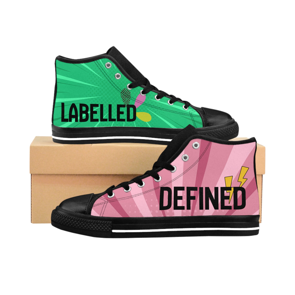 Two high-top sneakers with 'LABELLED' and 'DEFINED' text on a white background
