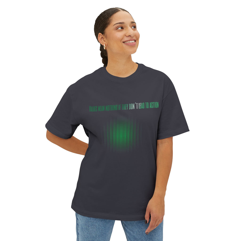 Person wearing a dark gray t-shirt with green text and design on a white background